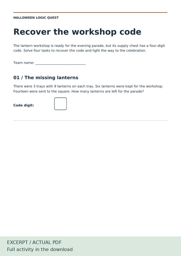 Actual Lantern Workshop PDF pages showing puzzles and adult answers — Puzzle excerpt