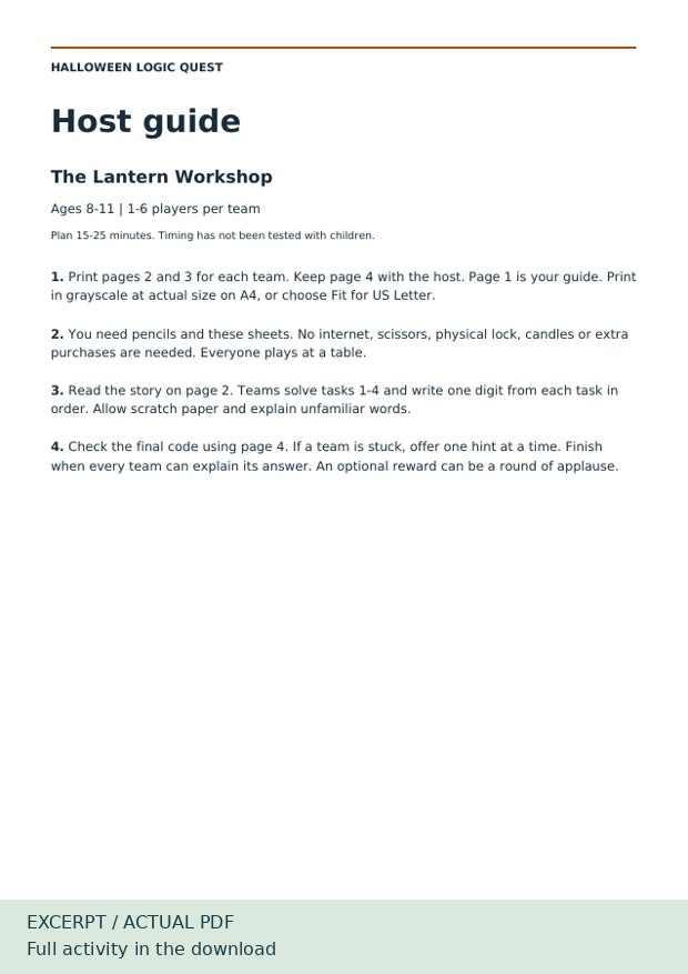Actual Lantern Workshop PDF pages showing puzzles and adult answers — Adult guide excerpt